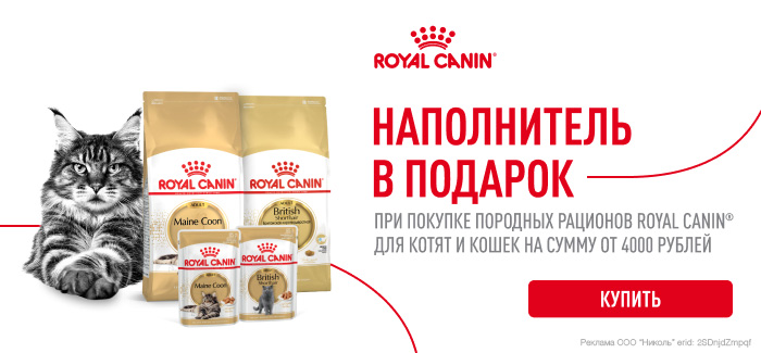 При покупке породных кормов Royal Canin для кошек на сумму от 4000 руб получите в подарок наполнитель для лотка