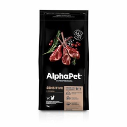AlphaPet Superpremium сухой полнорационный корм для взрослых кошек и котов с чувствительным пищеварением с ягненком - 3 кг