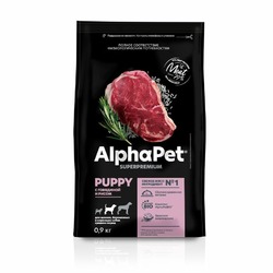 AlphaPet Superpremium для щенков, беременных и кормящих собак средних пород, с говядиной и рисом - 900 г