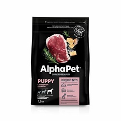AlphaPet Superpremium для щенков до 6 месяцев, беременных и кормящих собак крупных пород, с говядиной и рубцом - 1,5 кг
