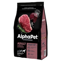 AlphaPet Superpremium сухой корм для взрослых собак средних пород, с говядиной и потрошками - 12 кг