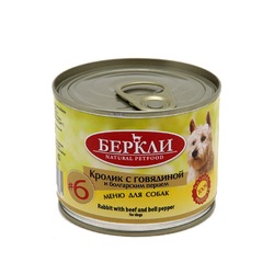 Berkley №6 влажный корм для собак всех стадий жизни любых пород с кроликом, говядиной и болгарским перцем - 200 г