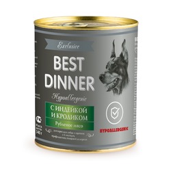 Best Dinner Exclusive Hypoallergenic влажный корм для собак и щенков при пищевой аллергии, гипоаллергенный, c индейкой и кроликом, фарш, в консервах - 340 г