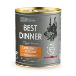 Best Dinner Exclusive Hypoallergenic влажный корм для собак и щенков при пищевой аллергии, гипоаллергенный, с индейкой и уткой, фарш, в консервах - 340 г