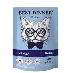 Best Dinner Exclusive Vet Profi Renal полнорационный влажный корм для кошек, для профилактики заболеваний почек, с курицей, кусочки в соусе, в паучах - 85 г