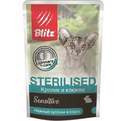Blitz Sterilised полнорационный влажный корм для стерилизованных кошек, с кроликом и клюквой, кусочки в соусе, в паучах - 85 г