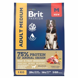 Brit Premium Dog Adult Medium сухой корм для взрослых собак средних пород (10-25 кг), с индейкой и телятиной - 3 кг