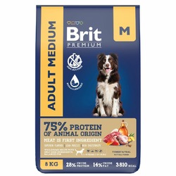 Brit Premium Dog Adult Medium сухой корм для взрослых собак средних пород (10-25 кг), с индейкой и телятиной - 8 кг