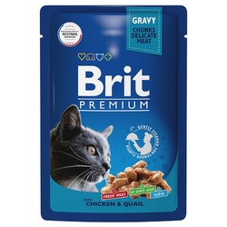 Brit Premium полнорационный влажный корм для кошек, с цыпленком и перепелкой, кусочки в соусе, в паучах - 85 г