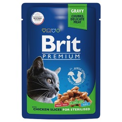 Brit Premium полнорационный влажный корм для стерилизованных кошек, с цыпленком, кусочки в соусе, в паучах - 85 г