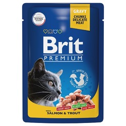 Brit Premium полнорационный влажный корм для кошек, с лососем и форелью, кусочки в соусе, в паучах - 85 г