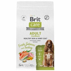 Brit Care Dog Adult M Healthy Skin&Shiny Coat сухой корм для взрослых собак средних пород для кожи и шерсти, с лососем и индейкой - 1,5 кг