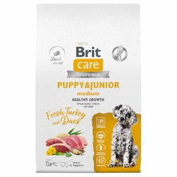 Brit Сare Dog Puppy&Junior M Healthy Growth сухой корм для щенков средних пород, с индейкой и уткой - 12 кг