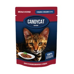 Candycat полнорационный влажный корм для стерилизованных кошек, с говядиной и овощами, кусочки в соусе, в паучах - 85 г