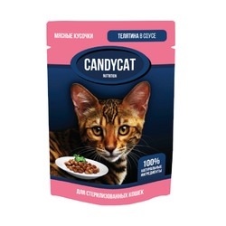Candycat полнорационный влажный корм для стерилизованных кошек, с телятиной, кусочки в соусе, в паучах - 85 г