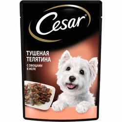 Cesar полнорационный влажный корм для собак, с тушеной телятиной с овощами, кусочки в желе, в паучах - 85 г