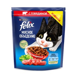 Felix Мясное объедение полнорационный сухой корм для кошек, с говядиной - 600 г