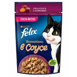 Felix Sensations полнорационный влажный корм для кошек, с уткой и морковью, кусочки в соусе, в паучах - 75 г