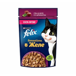 Felix Sensations полнорационный влажный корм для кошек, с уткой и шпинатом, кусочки в желе, в паучах - 75 г