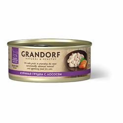 Grandorf Chicken With Salmon In Broth влажный корм для кошек, с куриной грудкой и лососем, волокна в бульоне, в консервах - 70 г