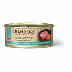 Grandorf Tuna With Salmon In Broth влажный корм для кошек, с филе тунца и мясом лосося, кусочки в бульоне, в консервах - 70 г