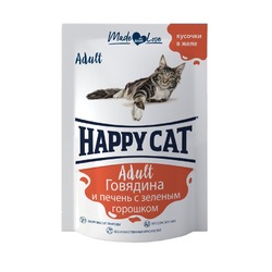 Happy Cat влажный корм для кошек, с ГОВЯДИНОЙ, ПЕЧЕНЬЮ и горохом, ломтики в желе, в паучах - 85 г