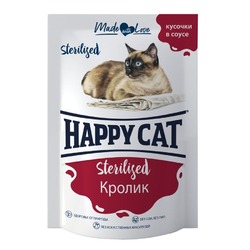 Happy Cat влажный корм для стерилизованных кошек, с КРОЛИКОМ, кусочки в соусе, в паучах - 85 г
