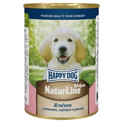 Happy Dog Natur Line полнорационный влажный корм для щенков, фарш из ягненка, печени, сердца и риса, в консервах - 410 г
