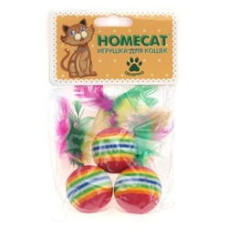Homecat игрушка для кошек, мячи радужные, с пером 3 шт, 3,5 см