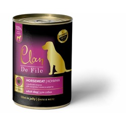 Clan De File полнорационный влажный корм для собак, с кониной, кусочки в желе, в консервах - 340 г