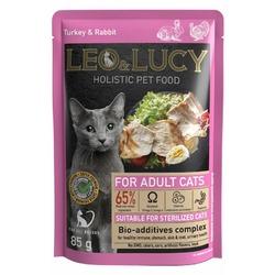 Leo&Lucy влажный полнорационный корм для стерилизованных кошек, с индейкой, кроликом и биодобавками, кусочки в соусе, в паучах - 85 г
