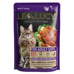 Leo&Lucy влажный полнорационный корм для стерилизованных кошек, с телятиной, индейкой и биодобавками, кусочки в соусе, в паучах - 85 г
