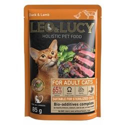 Leo&Lucy влажный полнорационный корм для стерилизованных кошек, с уткой, ягненком и биодобавками, кусочки в соусе, в паучах - 85 г