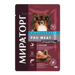 Мираторг Pro Meat полнорационный влажный корм для собак мелких пород, для здорового пищеварения, с лососем, кусочки в соусе, в паучах - 85 г