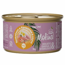 Molina влажный корм для кошек, с цыпленком и креветками, кусочки в соусе, в консервах - 70 г