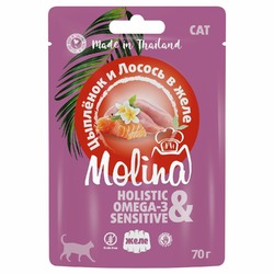Molina влажный корм для кошек, с цыпленком и лососем, кусочки в желе, в паучах - 70 г