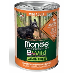 Monge Dog BWild Grain Free Mini полнорационный влажный корм для собак мелких пород, беззерновой, с уткой, тыквой и кабачками, кусочки в соусе, в консервах - 400 г