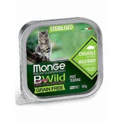 Monge Cat BWild Grain Free полнорационный влажный корм для стерилизованных кошек, беззерновой, паштет с кабаном и овощами, в ламистерах - 100 г