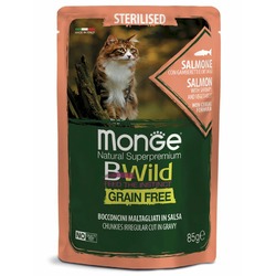 Monge Cat BWild Grain Free полнорационный влажный корм для кошек, беззерновой, с лососем, креветками и овощами, кусочки в соусе, в паучах - 85 г