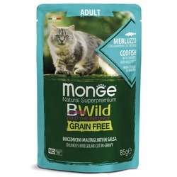 Monge Cat BWild Grain Free полнорационный влажный корм для кошек, беззерновой, с треской, креветками и овощами, кусочки в соусе, в паучах - 85 г