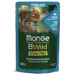 Monge Cat BWild Grain Free полнорационный влажный корм для стерилизованных кошек, беззерновой, с тунцом, креветками и овощами, кусочки в соусе, в паучах - 85 г