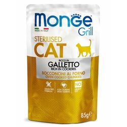Monge Cat Grill полнорационный влажный корм для стерилизованных кошек, беззерновой, с итальянской курицей, кусочки в желе, в паучах - 85 г