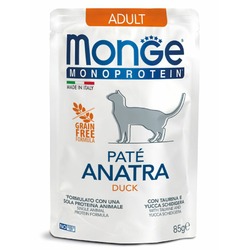 Monge Cat Monoprotein полнорационный влажный корм для кошек, беззерновой, паштет с уткой, в паучах - 85 г