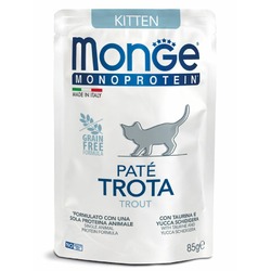 Monge Cat Monoprotein полнорационный влажный корм для котят, паштет с форелью, в паучах - 85 г