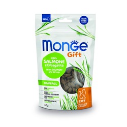 Monge Gift Hairball лакомство для кошек, для вывода шерсти, подушечки, с лососем и кошачьей мятой - 60 г