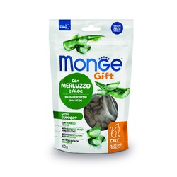 Monge Gift Skin лакомство для кошек, для здоровой кожи, хрустящие подушечки с начинкой, с треской и алоэ вера - 60 г