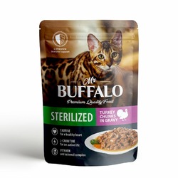 Mr. Buffalo Sterilized влажный корм для стерилизованных котов и кошек, с индейкой, кусочки в соусе, в паучах - 85 г
