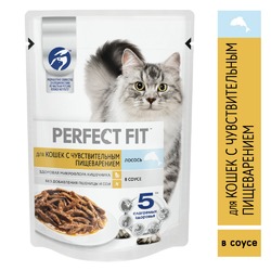 Perfect Fit полнорационный влажный корм для кошек с чувствительным пищеварением, с лососем, кусочки в соусе, в паучах - 75 г