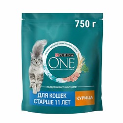 Purina ONE сухой корм для пожилых кошек старше 11 лет, с высоким содержанием курицы и цельными злаками - 750 г