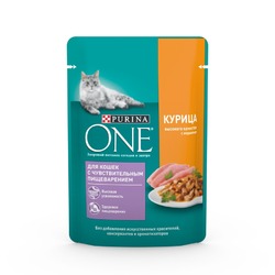 Purina ONE Sensitive влажный корм для кошек с чувствительным пищеварением, с курицей и морковью, в соусе, в паучах - 75 г